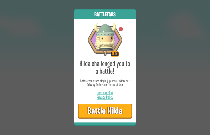 Battle invite landing page β Hilda challenged you to a battle, with a Battle Hilda button