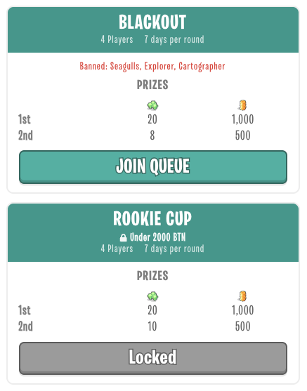 Tournament battle cards β Blackout, banning Seagulls, Explorer and Cartographer; and Rookie Cup, gated to under 2000 BTN